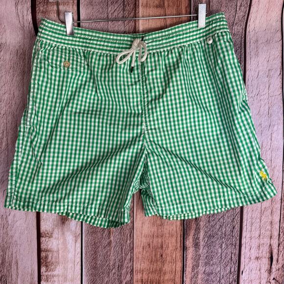 Polo Ralph Lauren Swim Trunks Green Gingham Mesh Lined Large Beach Vacation Pool - Picture 1 of 8